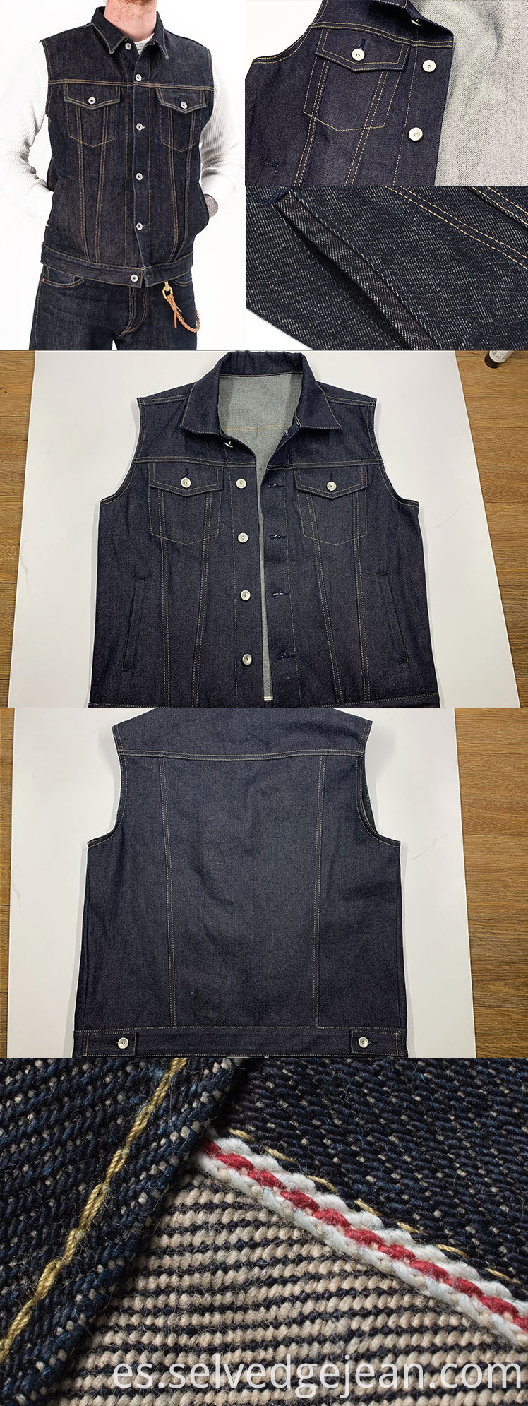 Jeans Jeans Jeans Material de jeans personalizado a medida 17 oz de 17 oz sin mangas Selvedge Denim Vest al por mayor Precio bajo